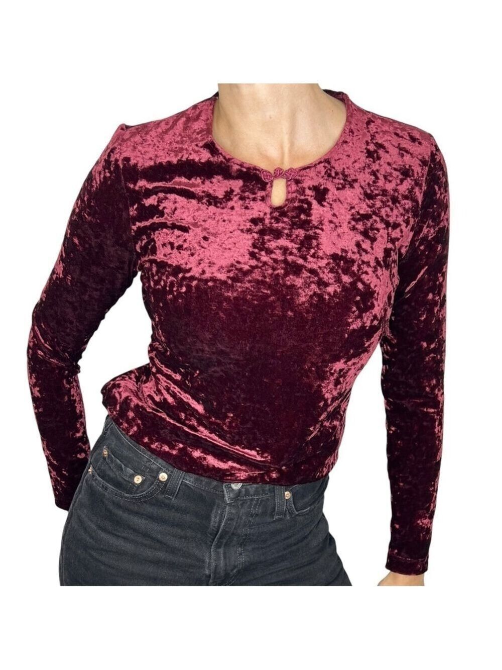 90s Y2K Esprit crushed velour burgundy minimalist top M - Picture 2 of 8